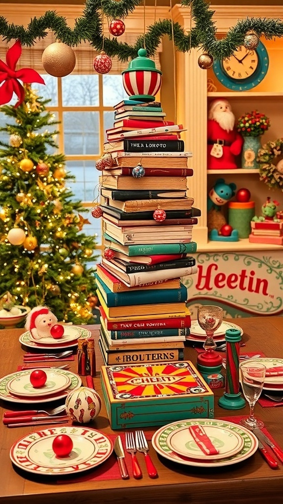 A quirky Christmas decor setup with a book tree, colorful ornaments, and playful vintage toys.